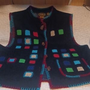 Vintage Allure Black Womens  Vest with Red and Blue Stitching